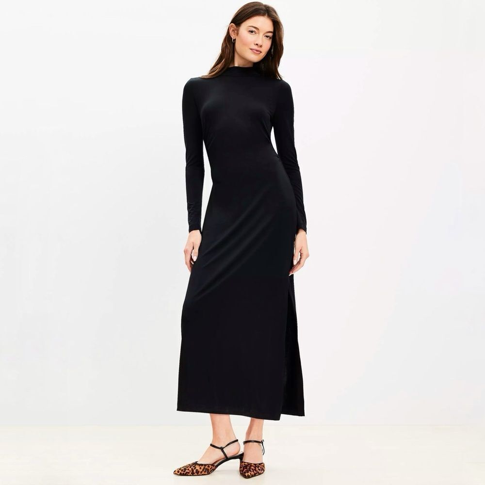 Loft Black Ribbed Long Sleeve Mock Neck Midi Dress